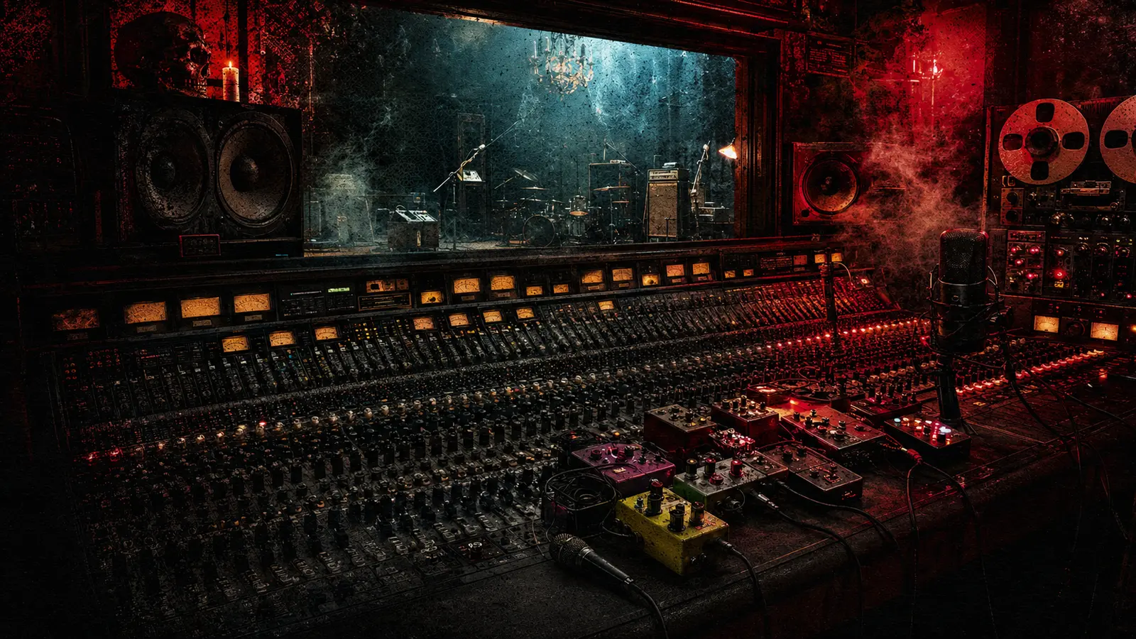 A fictional analog recording control room