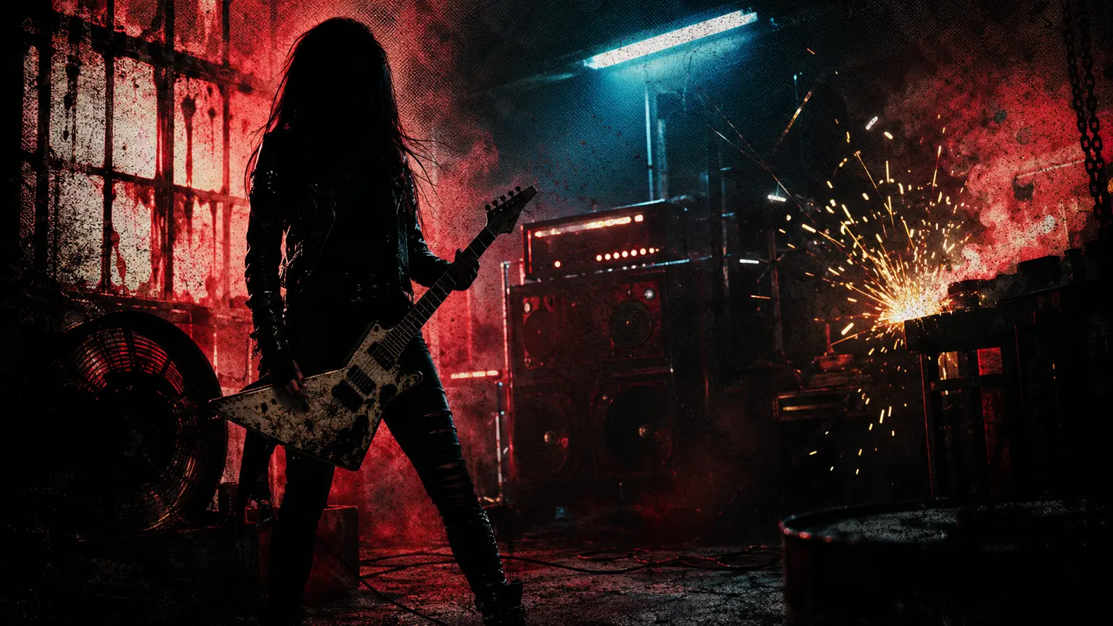 A fictional guitarist in a red-lit rehearsal room